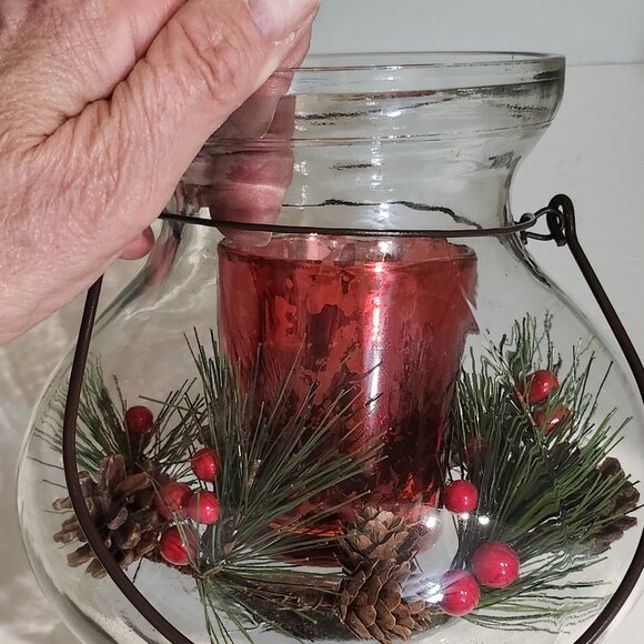 Lantern Style Glass Pine and Red Berry Christmas Candle Holder - Picture 9 of 9